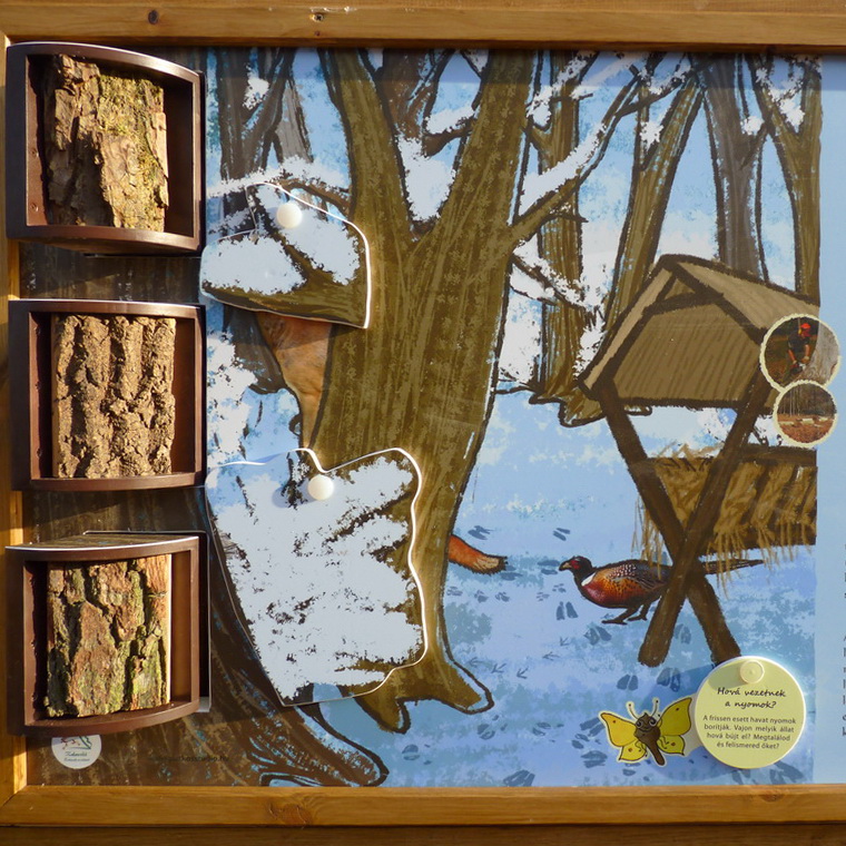 Tanösvénytábla kiforgatható fakérgekkel