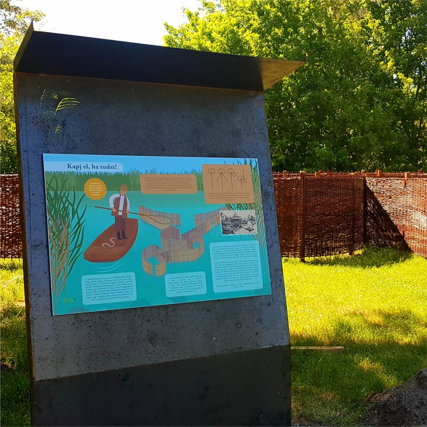 A vejsze és a régi halfogó technikát bemutató információs tábla.