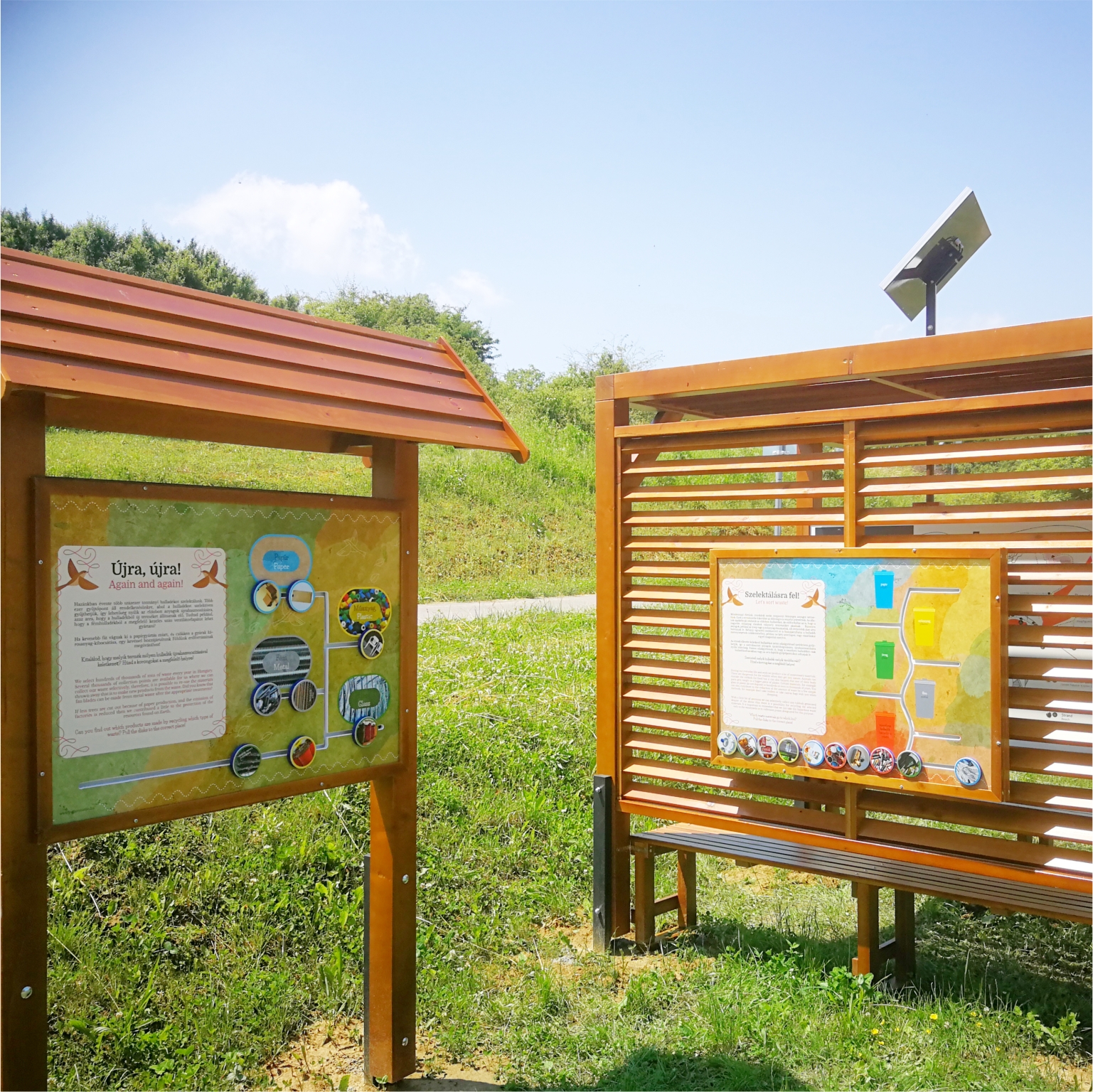 Interaktív pihenőhely táblákkal, padokkal és napelemes mobiltöltő-állomással