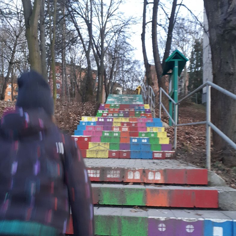A tanösvényre színes lépcsősor vezet fel.