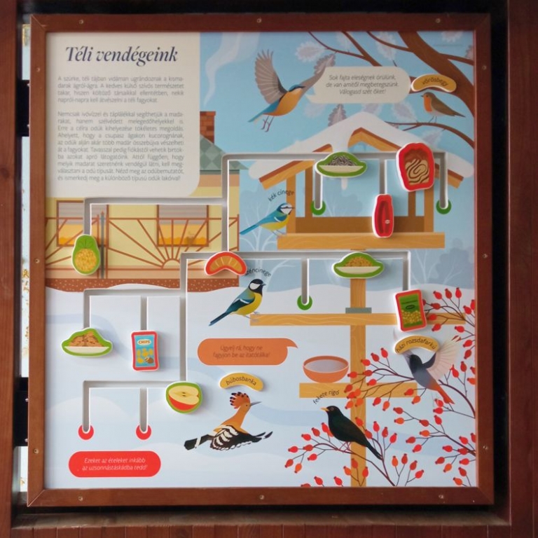 Interaktív tanösvénytábla madáretetővel